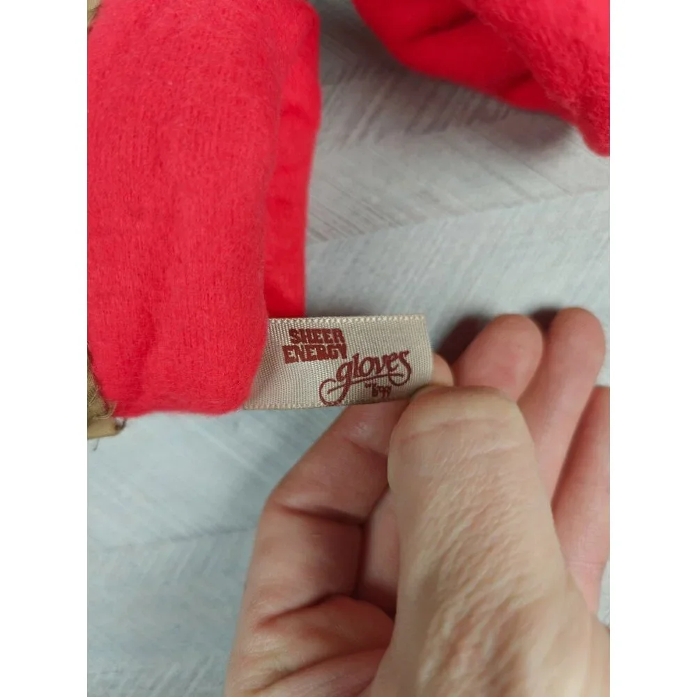 Vintage Sheer Energy Leggs Gloves Beige Driving Red Fleece Lining Size Large